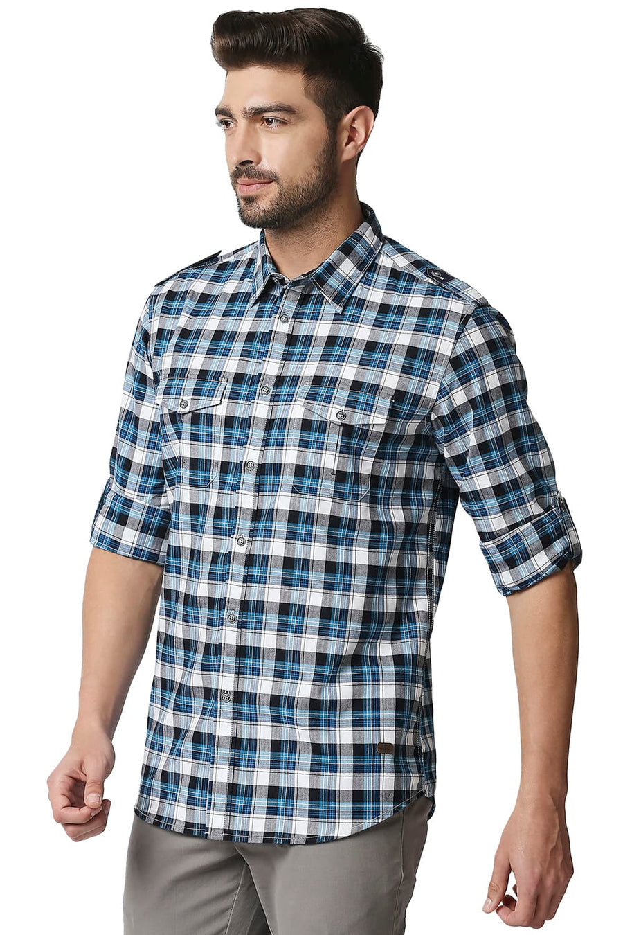 BASICS SLIM FIT TURKISH BLUE TWILL CHECKS SHIRT SHIRT