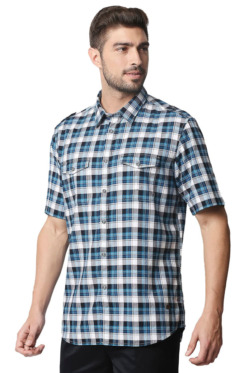 BASICS SLIM FIT TWILL CHECKS HALFSLEEVES SHIRT HALFSLEEVES SHIRT