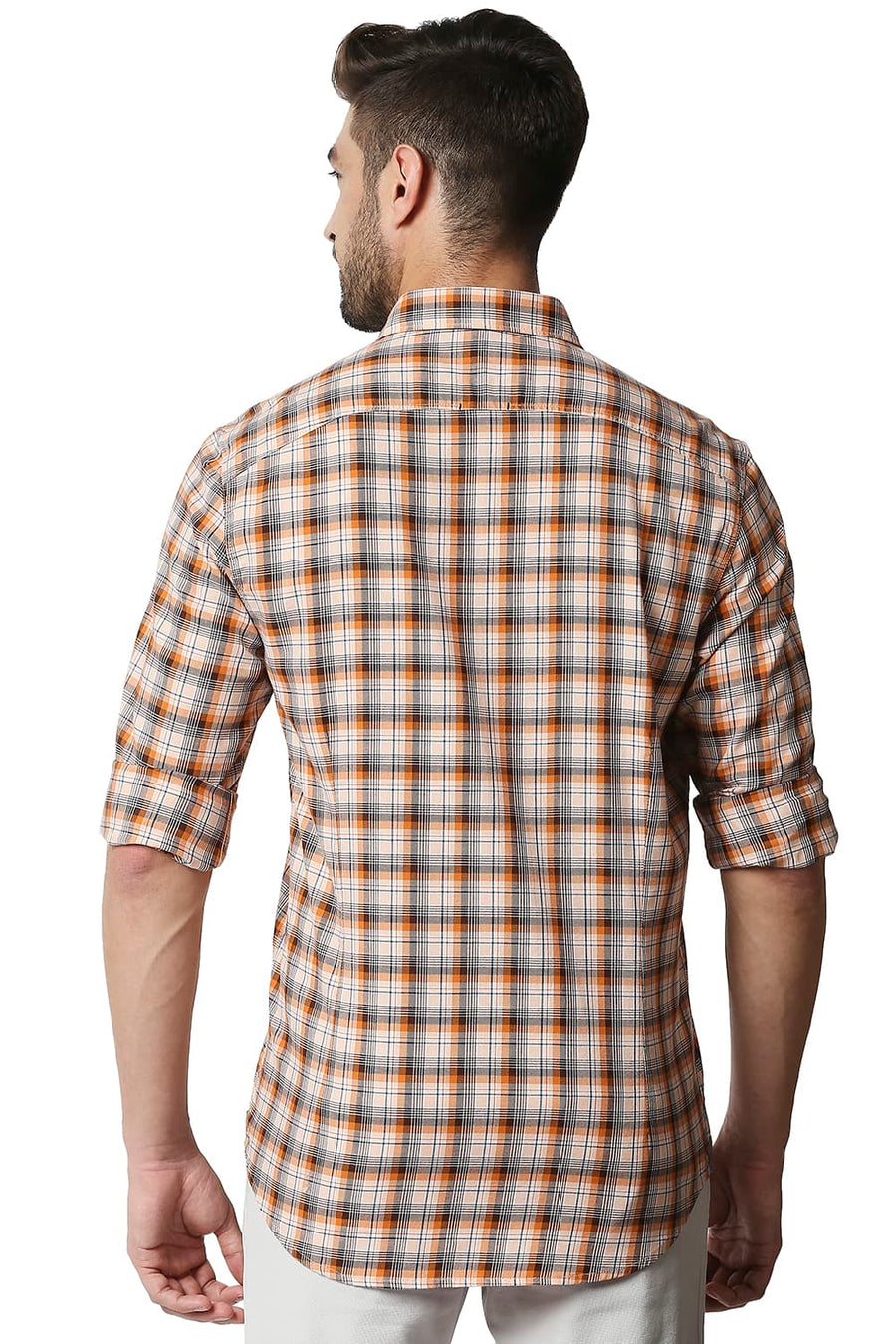 BASICS SLIM FIT RUSSET ORANGE TWILL CHECKS SHIRT SHIRT