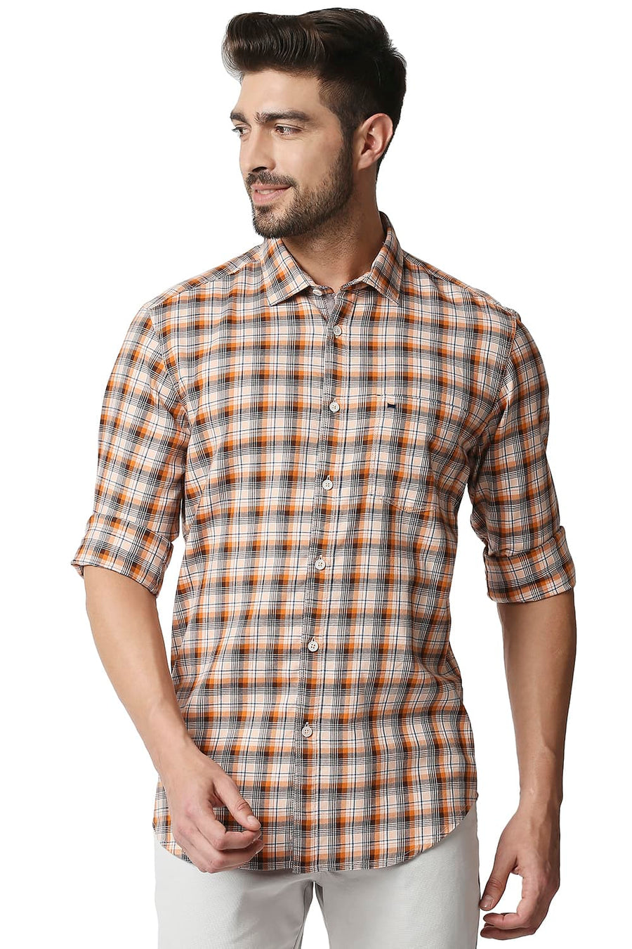 BASICS SLIM FIT RUSSET ORANGE TWILL CHECKS SHIRT SHIRT