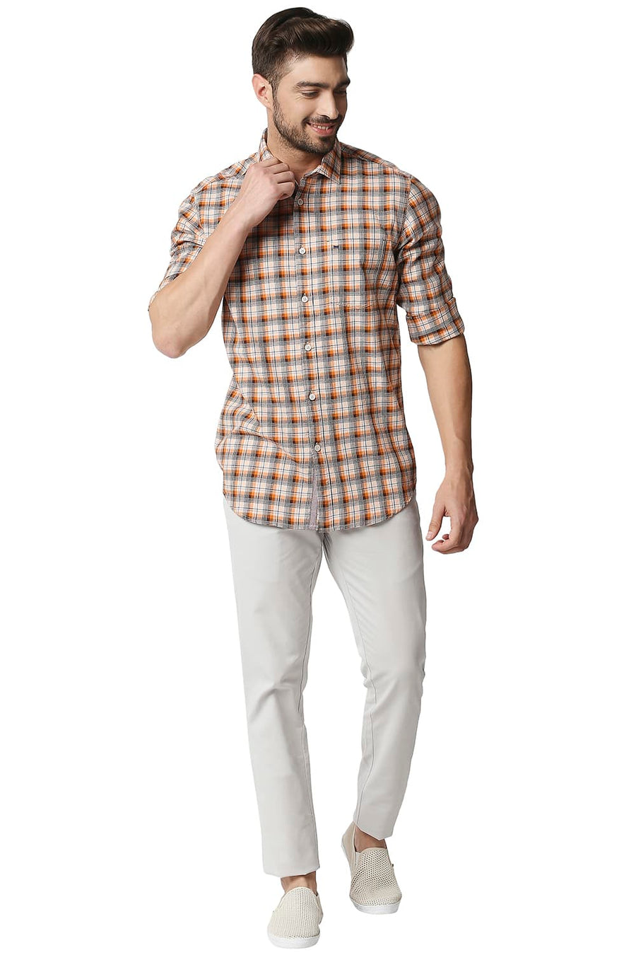 BASICS SLIM FIT RUSSET ORANGE TWILL CHECKS SHIRT SHIRT