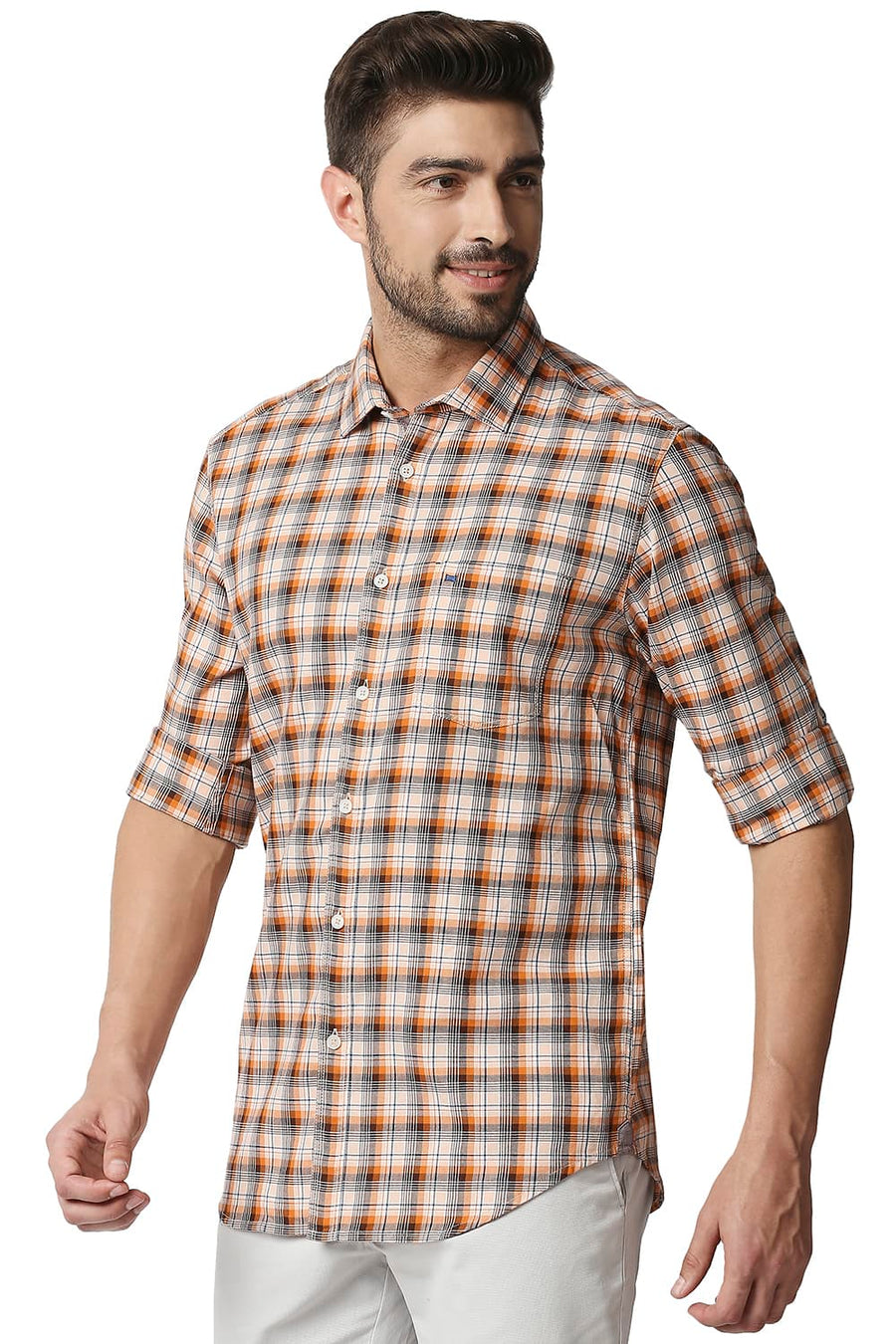 BASICS SLIM FIT RUSSET ORANGE TWILL CHECKS SHIRT SHIRT