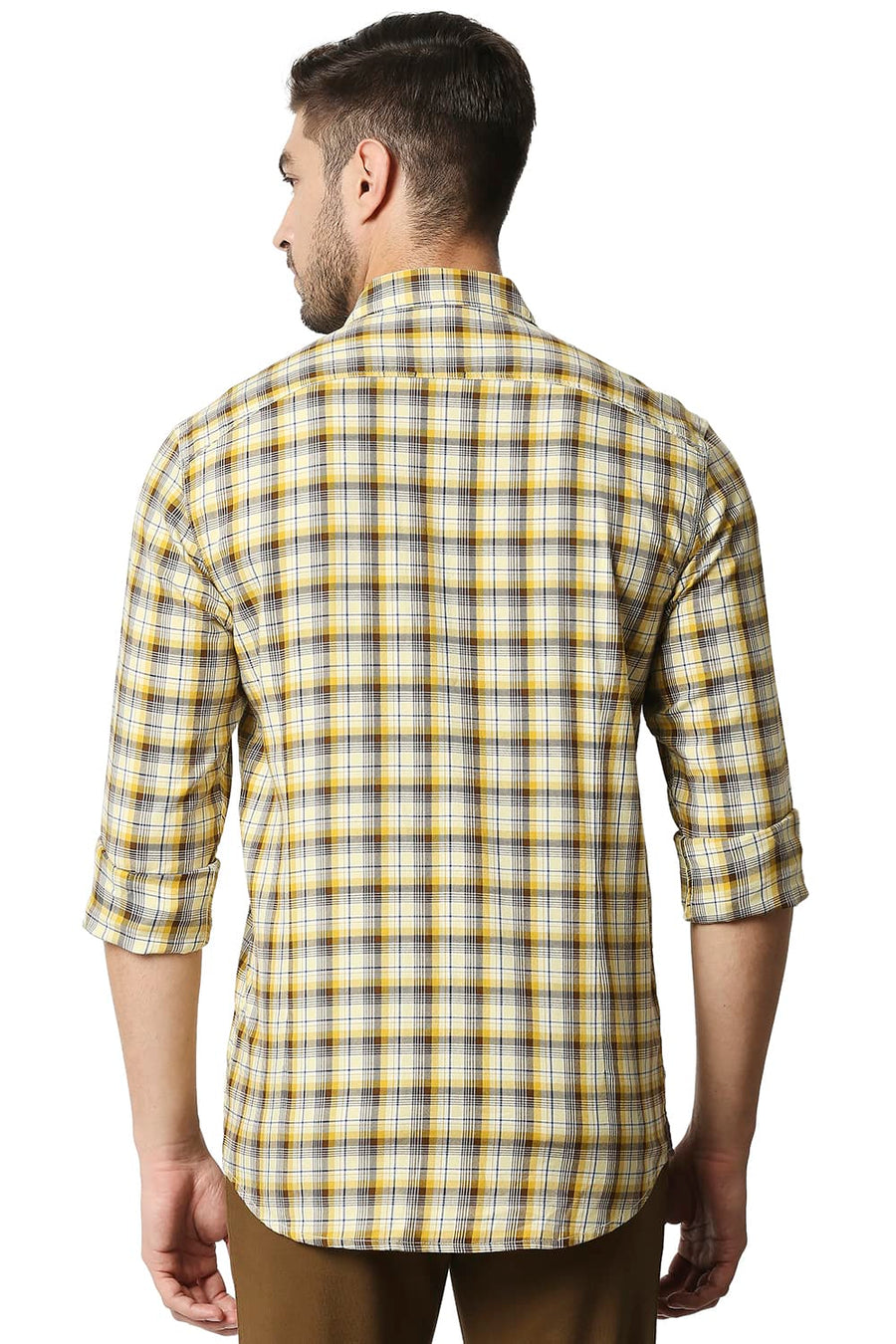 BASICS SLIM FIT MIMOSA YELLOW TWILL CHECKS SHIRT SHIRT
