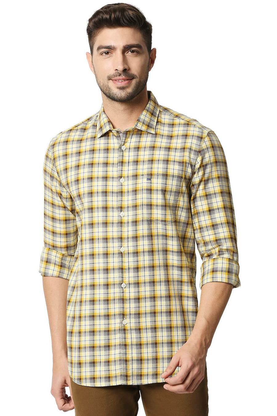 BASICS SLIM FIT MIMOSA YELLOW TWILL CHECKS SHIRT SHIRT