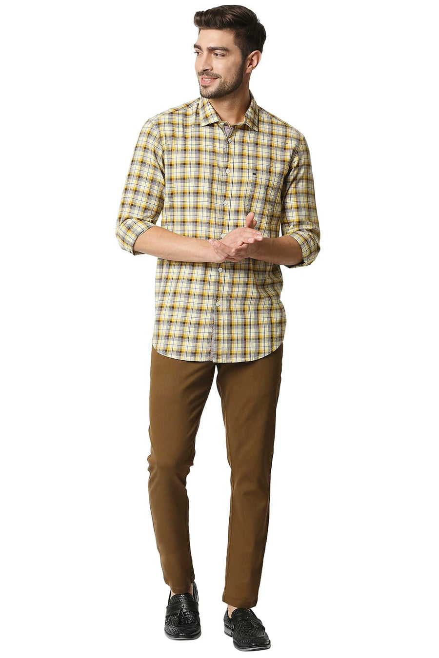 BASICS SLIM FIT MIMOSA YELLOW TWILL CHECKS SHIRT SHIRT