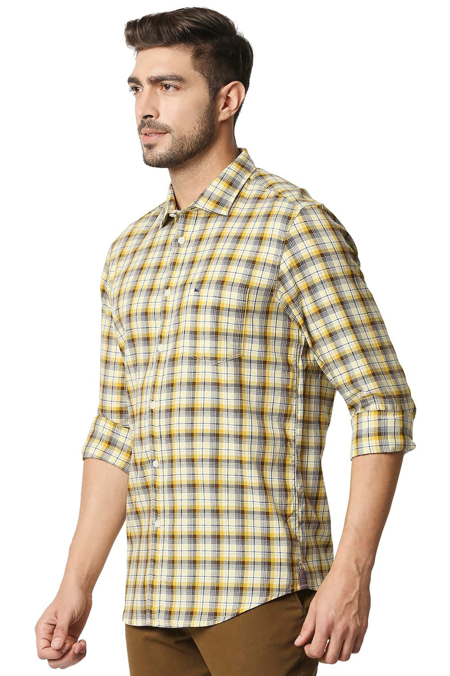 BASICS SLIM FIT MIMOSA YELLOW TWILL CHECKS SHIRT SHIRT