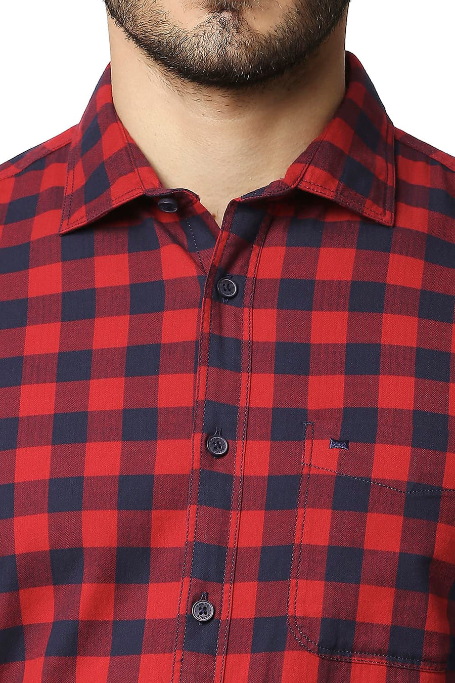 BASICS SLIM FIT TRUE RED HERRING BONE TWILL CHECKS SHIRT