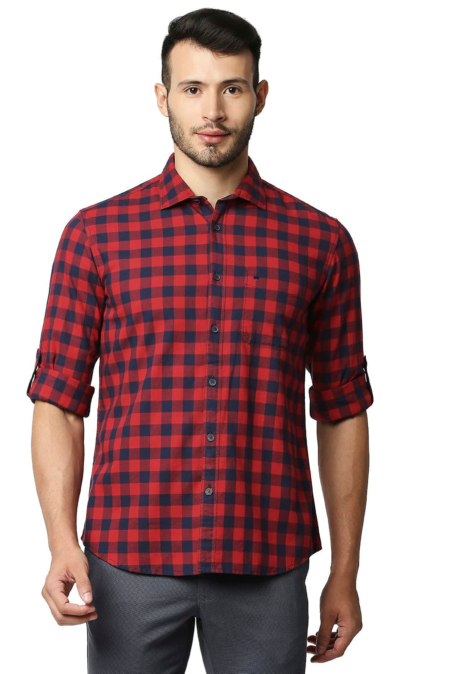 BASICS SLIM FIT TRUE RED HERRING BONE TWILL CHECKS SHIRT