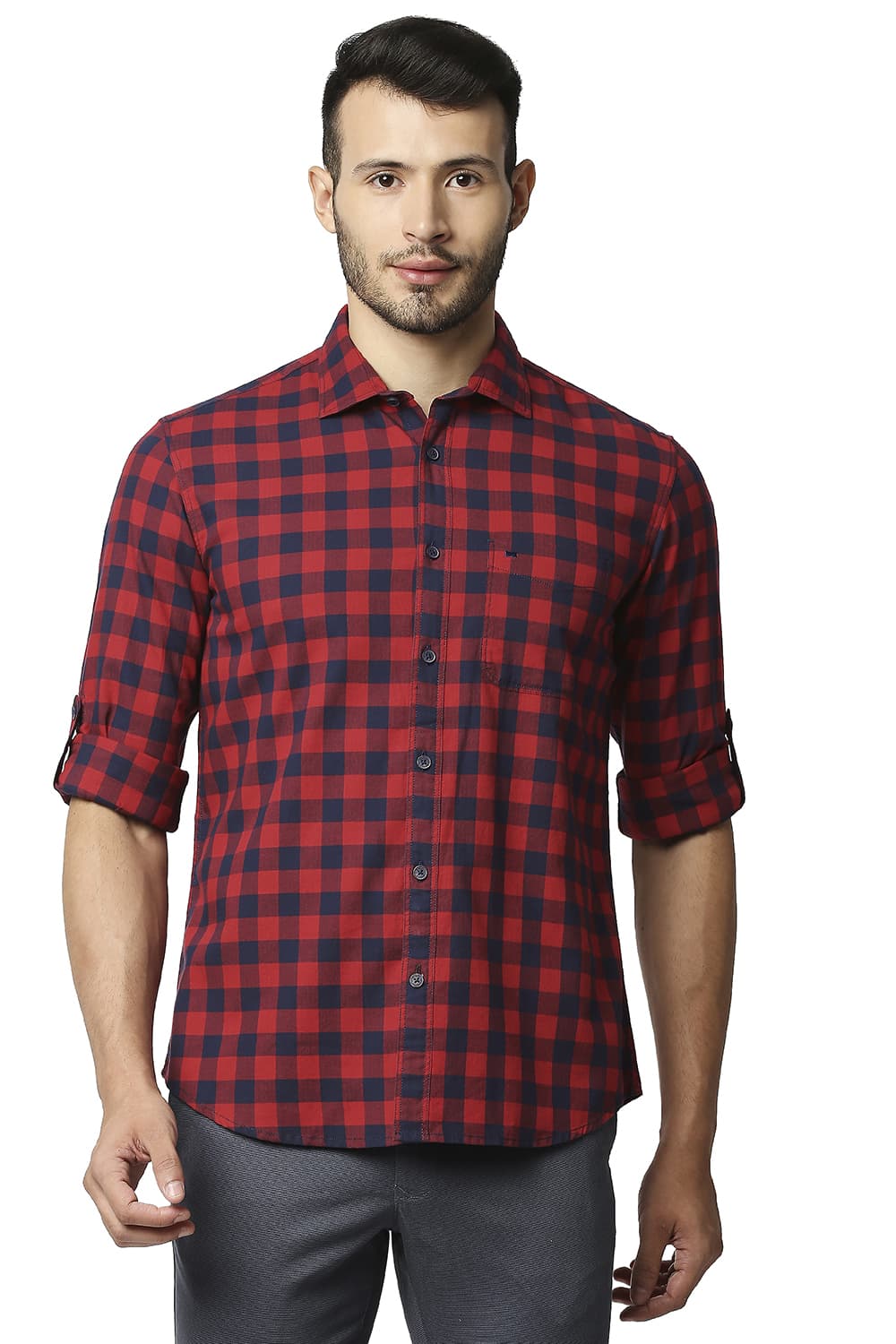 BASICS SLIM FIT HERRING BONE TWILL CHECKS SHIRT