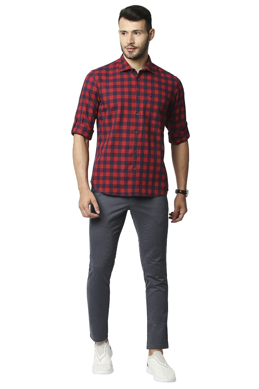 BASICS SLIM FIT HERRING BONE TWILL CHECKS SHIRT