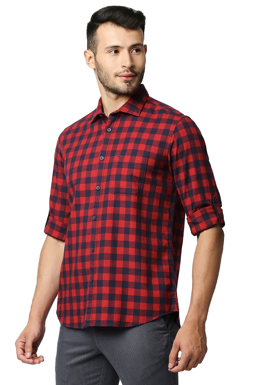 BASICS SLIM FIT TRUE RED HERRING BONE TWILL CHECKS SHIRT