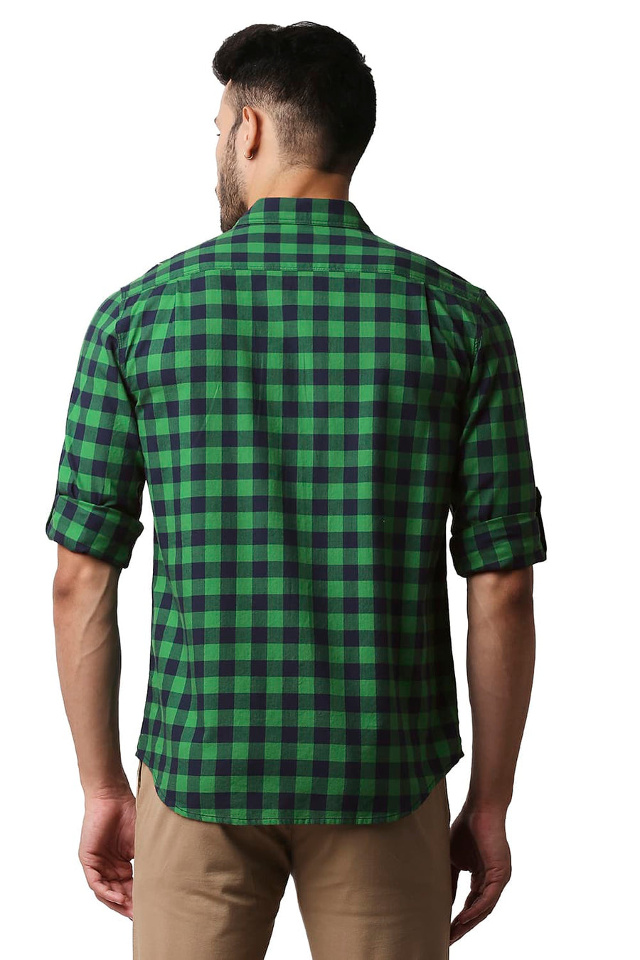 BASICS SLIM FIT FERN GREEN HERRING BONE TWILL CHECKS SHIRT