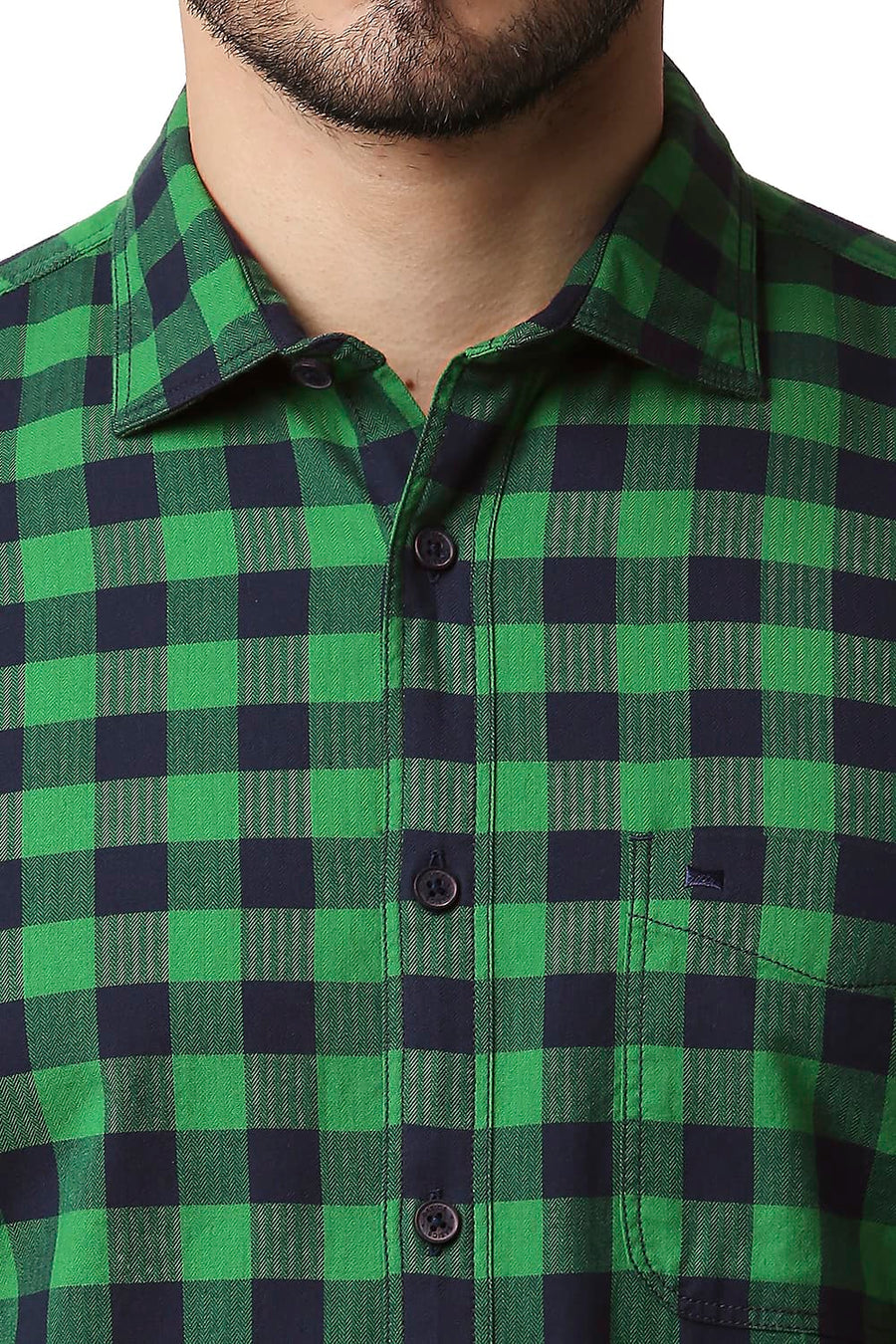 BASICS SLIM FIT FERN GREEN HERRING BONE TWILL CHECKS SHIRT
