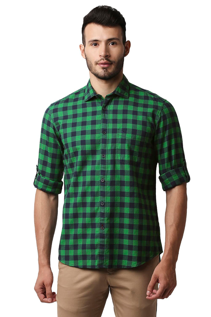 BASICS SLIM FIT FERN GREEN HERRING BONE TWILL CHECKS SHIRT