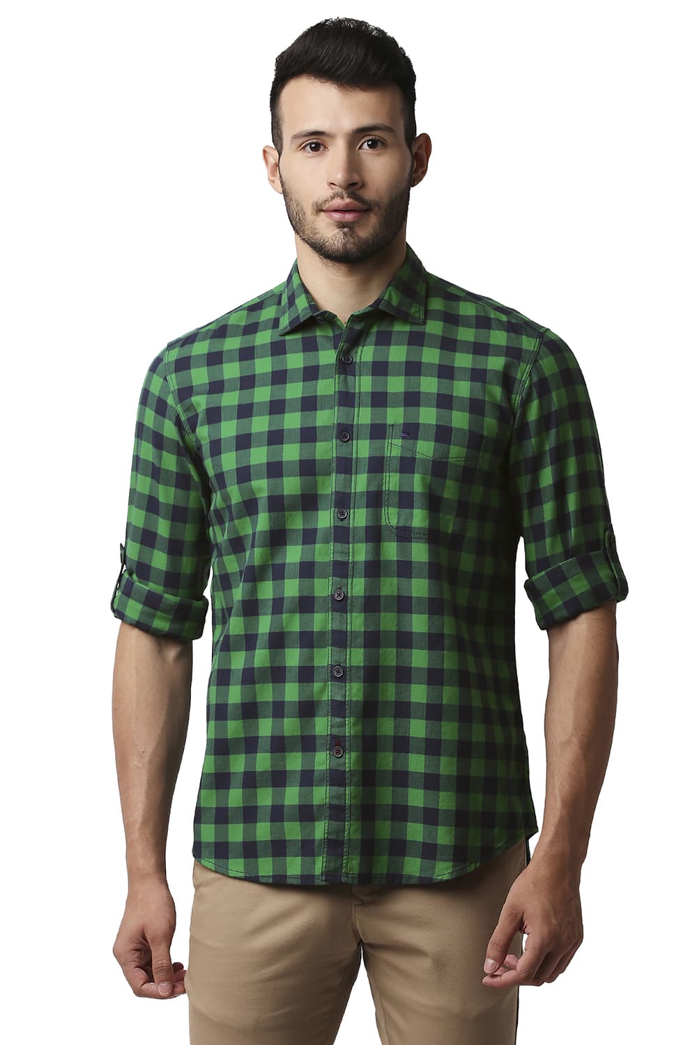 BASICS SLIM FIT HERRING BONE TWILL CHECKS SHIRT