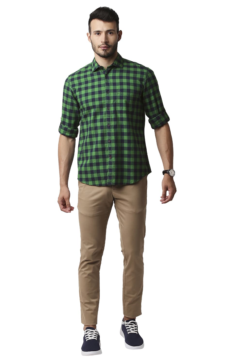 BASICS SLIM FIT HERRING BONE TWILL CHECKS SHIRT