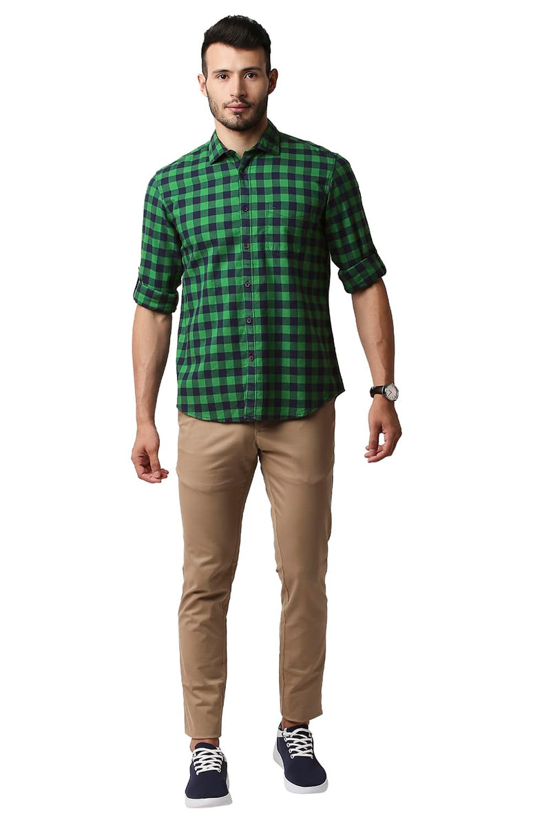 BASICS SLIM FIT HERRING BONE TWILL CHECKS SHIRT