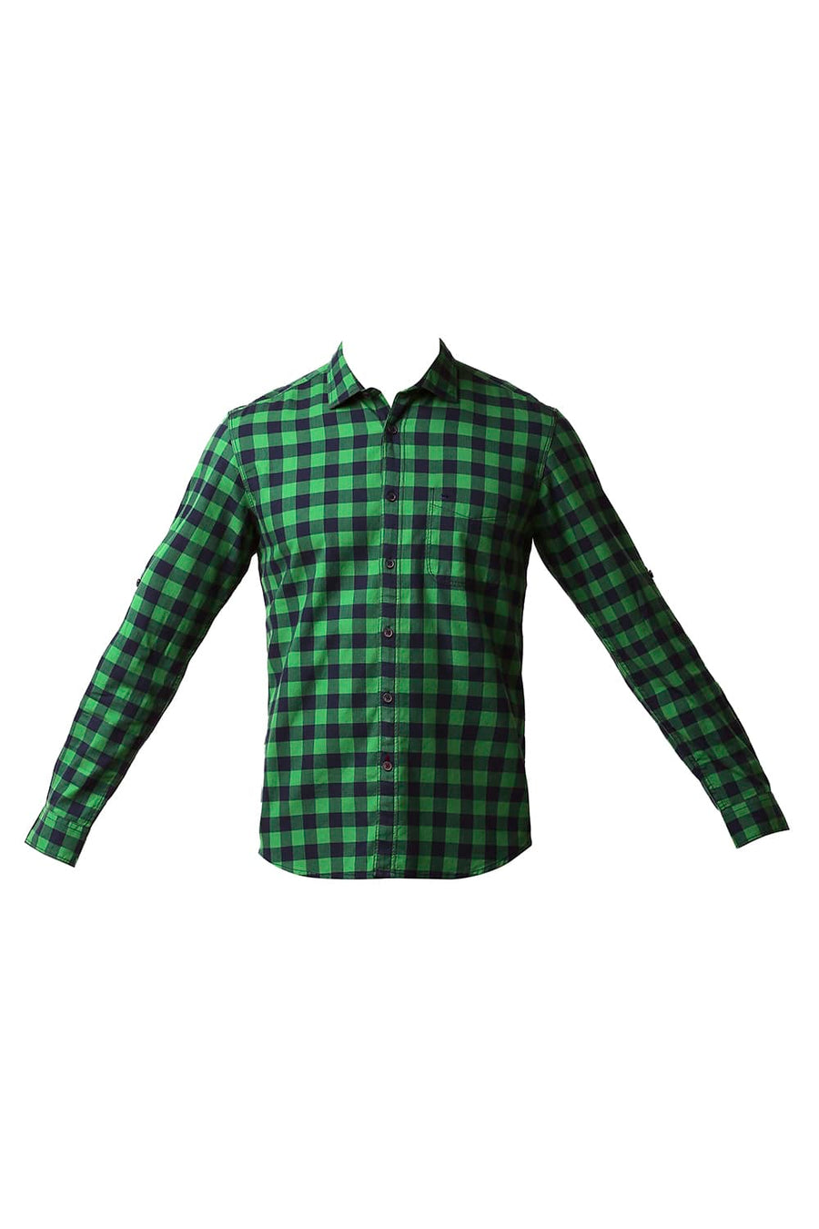 BASICS SLIM FIT FERN GREEN HERRING BONE TWILL CHECKS SHIRT