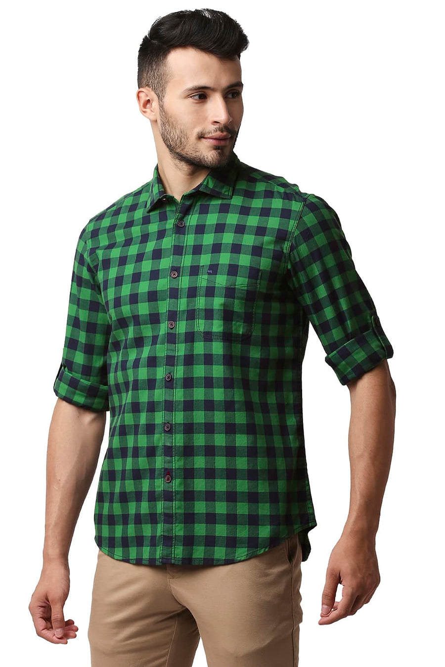 BASICS SLIM FIT FERN GREEN HERRING BONE TWILL CHECKS SHIRT