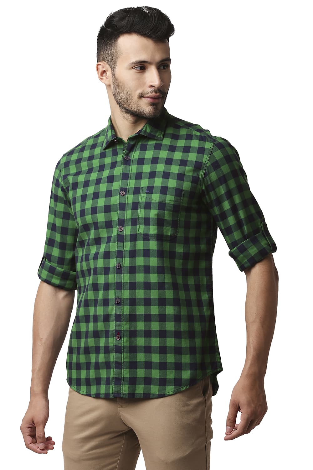 BASICS SLIM FIT HERRING BONE TWILL CHECKS SHIRT