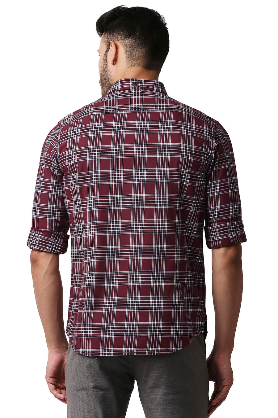 BASICS SLIM FIT RUHARB MAROON TWILL CHECKS SHIRT