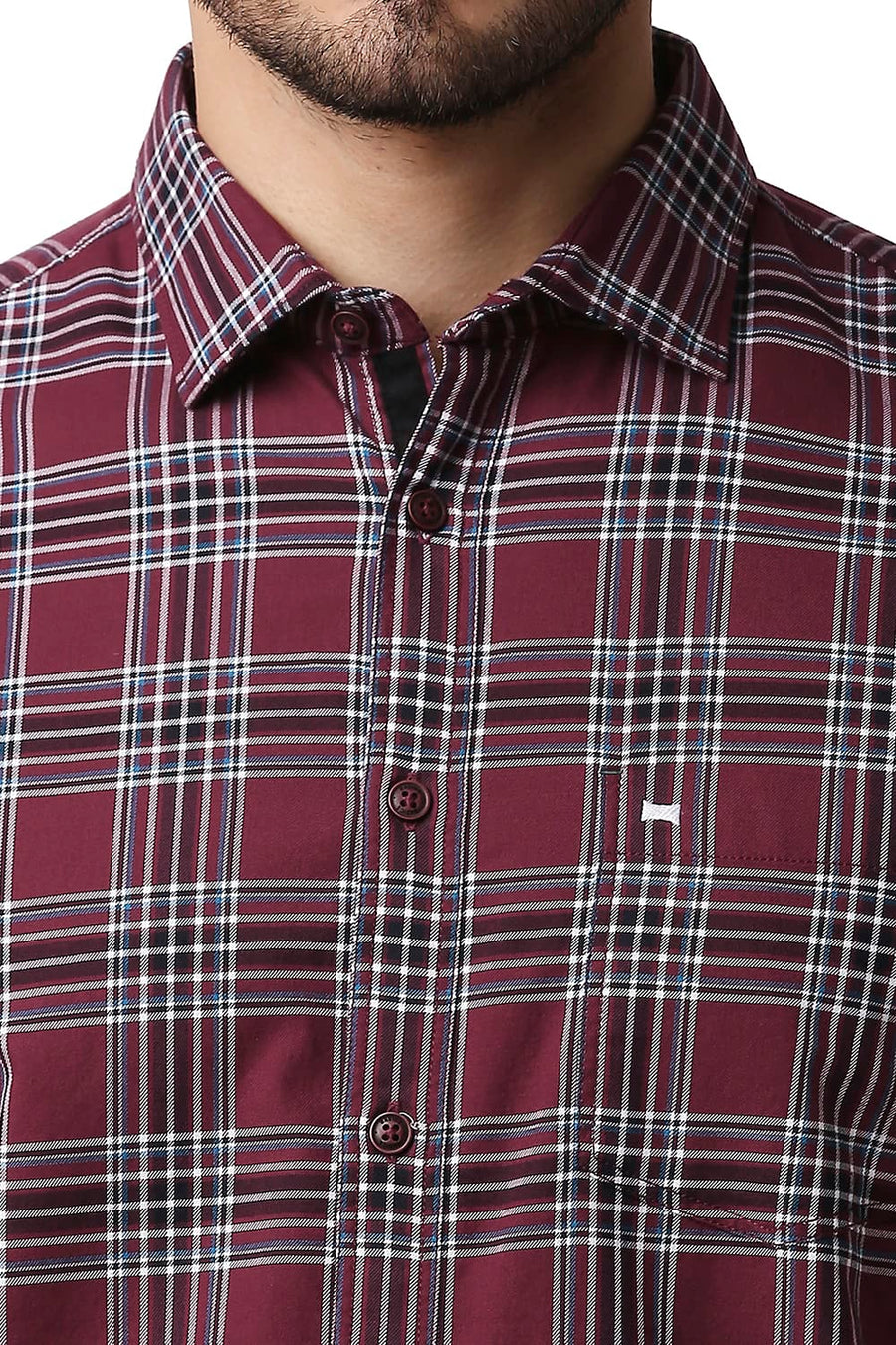BASICS SLIM FIT RUHARB MAROON TWILL CHECKS SHIRT