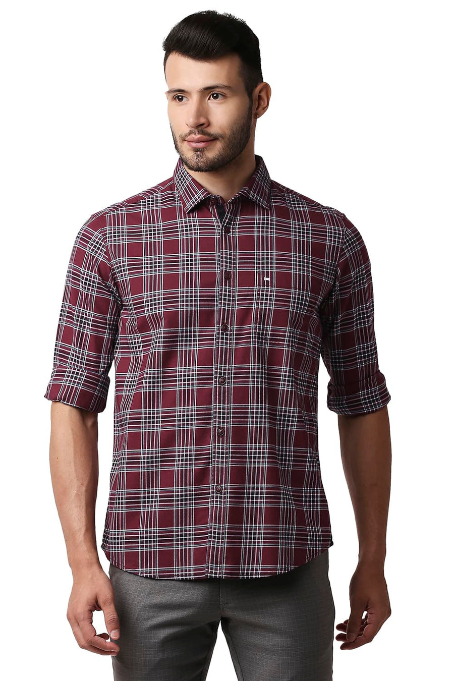 BASICS SLIM FIT RUHARB MAROON TWILL CHECKS SHIRT