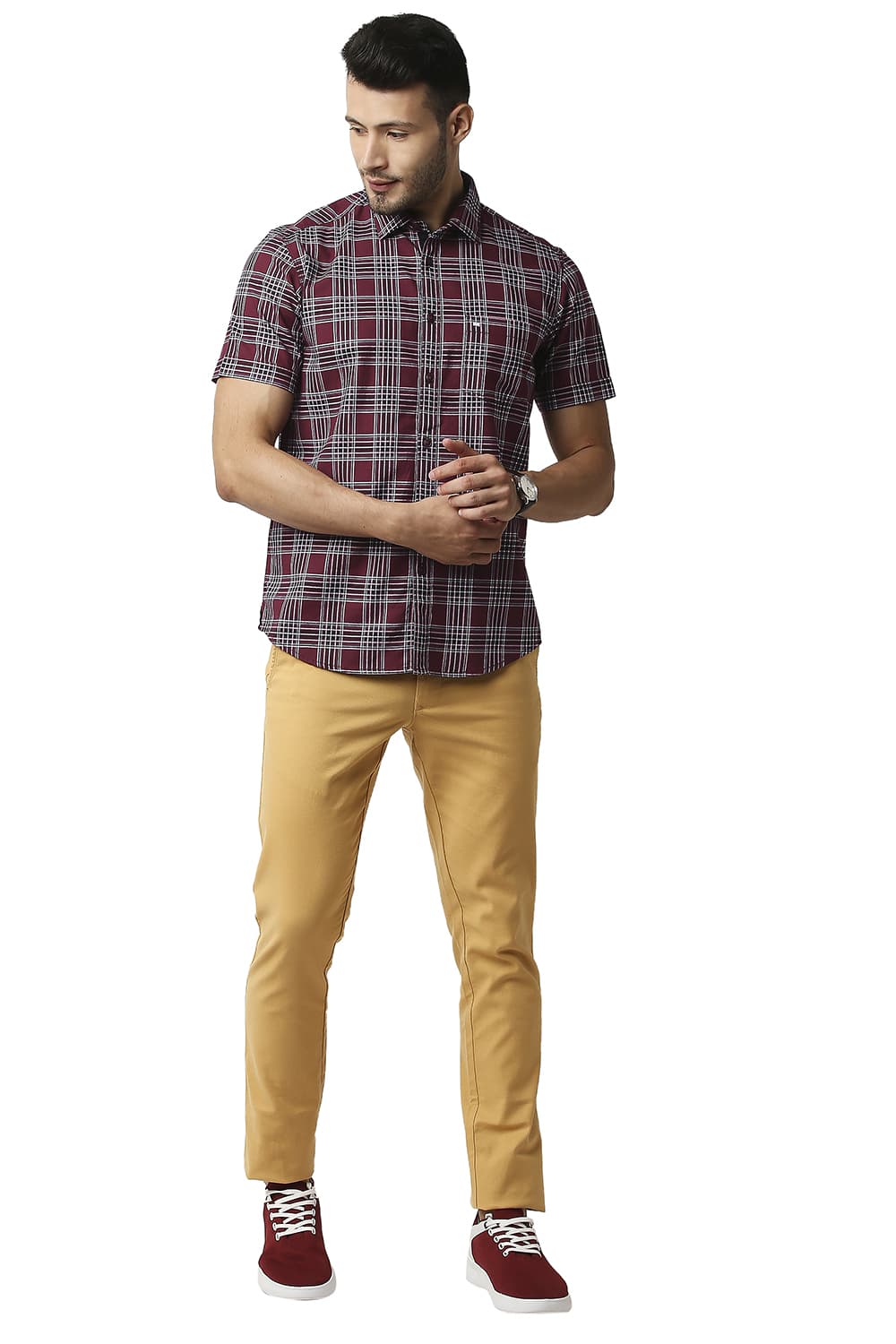 BASICS SLIM FIT TWILL CHECKS HALFSLEEVES SHIRT