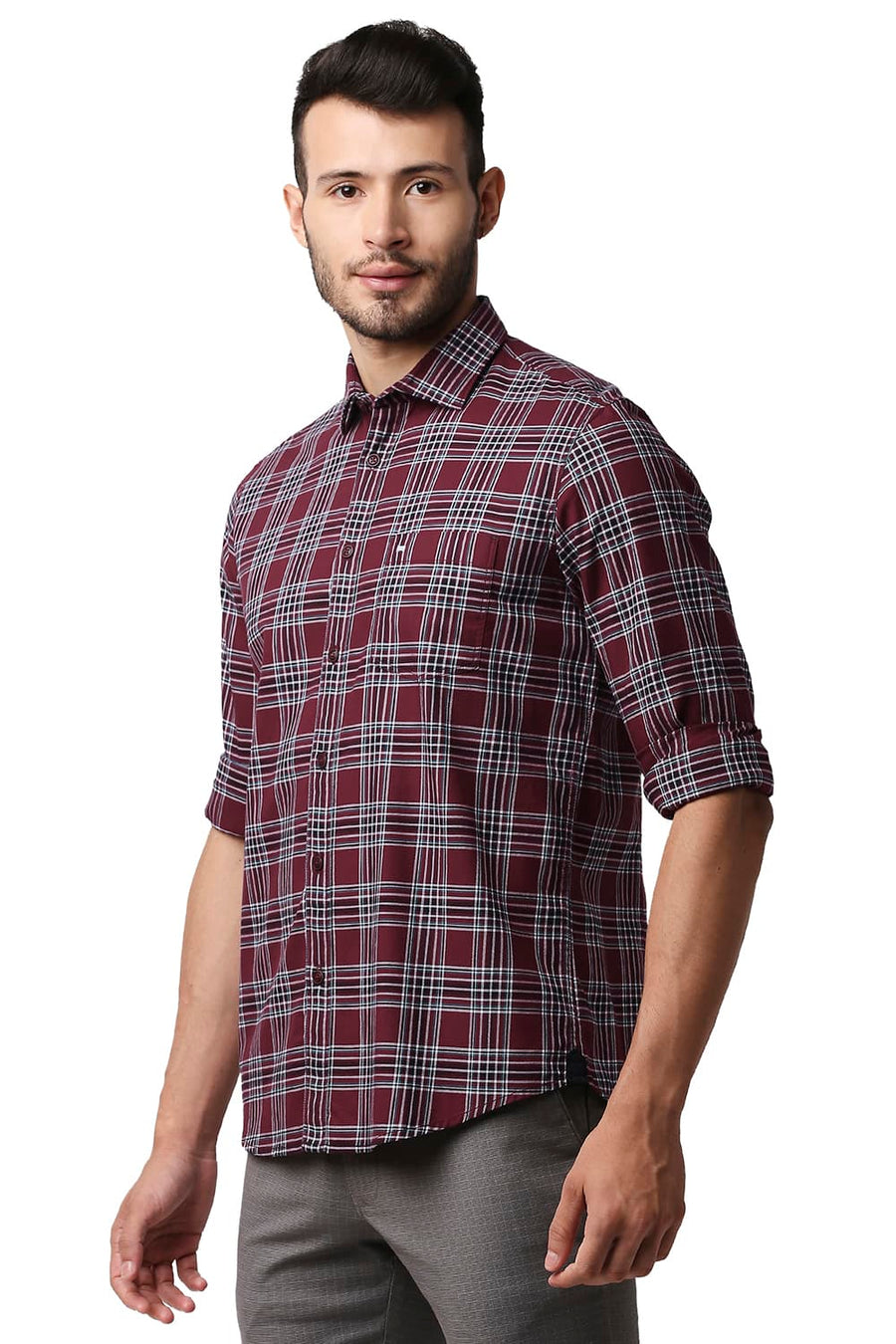 BASICS SLIM FIT RUHARB MAROON TWILL CHECKS SHIRT