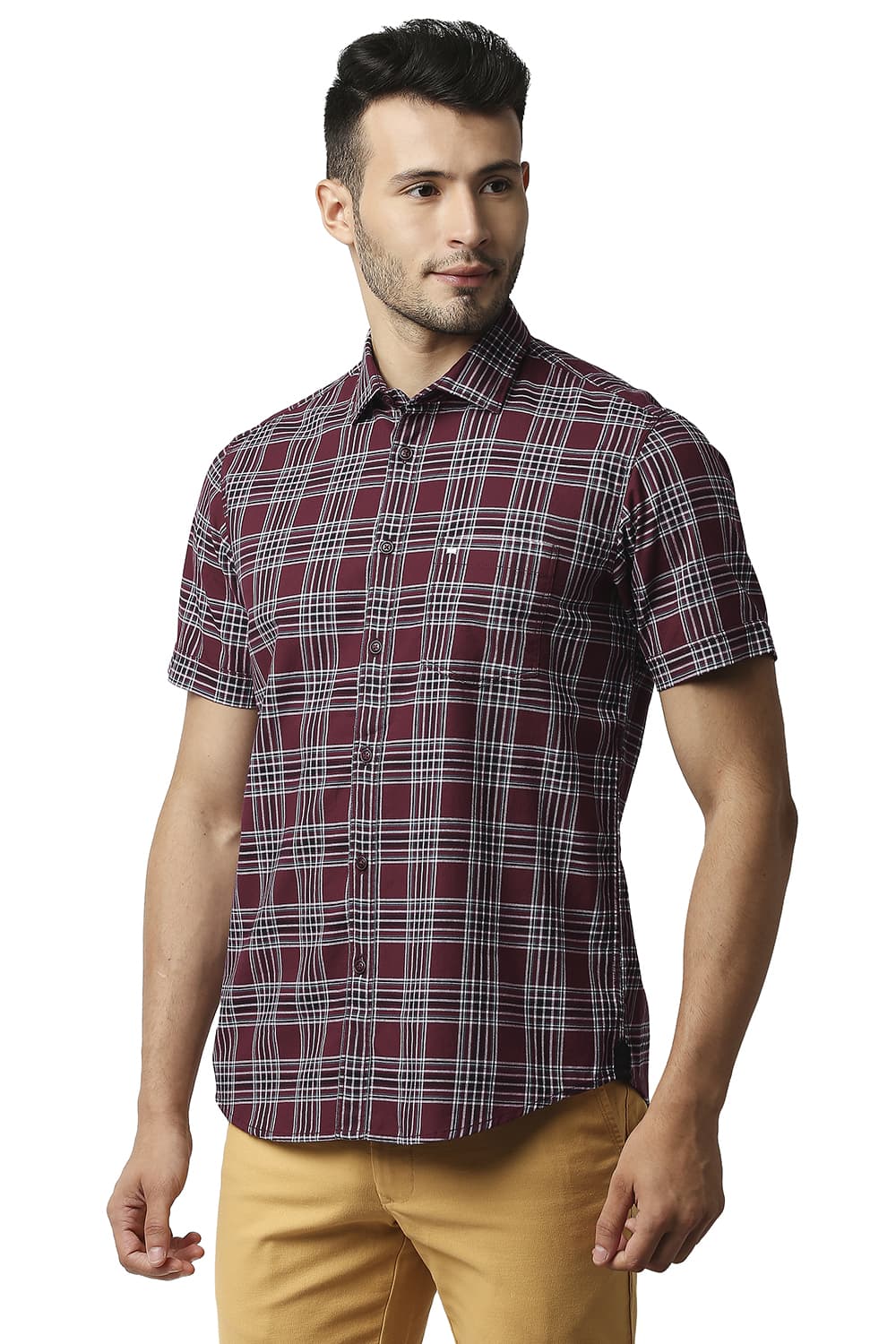 BASICS SLIM FIT TWILL CHECKS HALFSLEEVES SHIRT