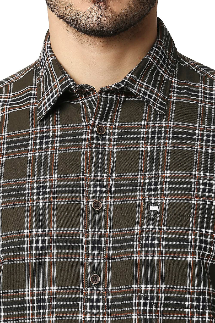 BASICS SLIM FIT RIFLE OLIVE TWILL CHECKS SHIRT