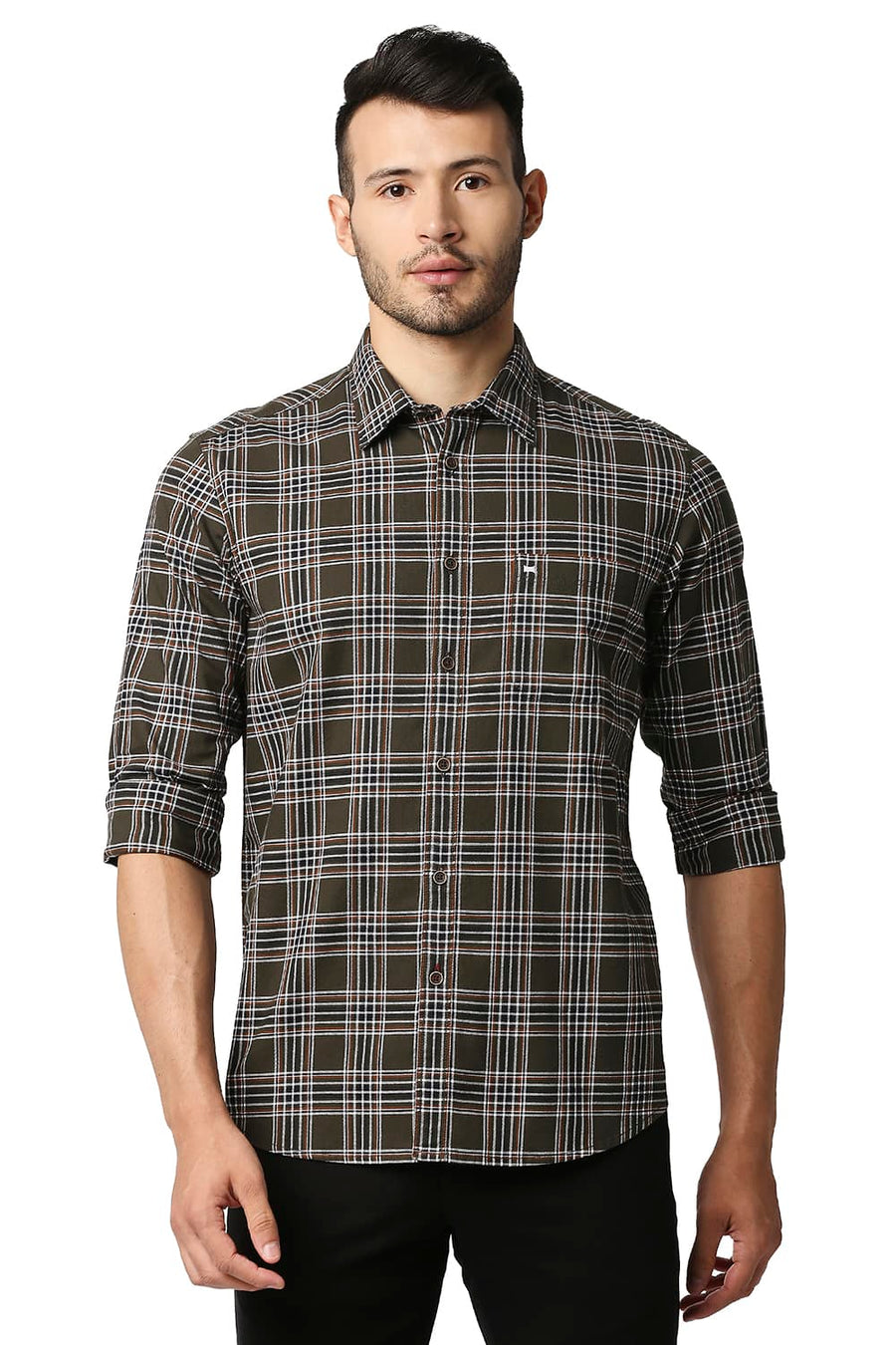 BASICS SLIM FIT RIFLE OLIVE TWILL CHECKS SHIRT