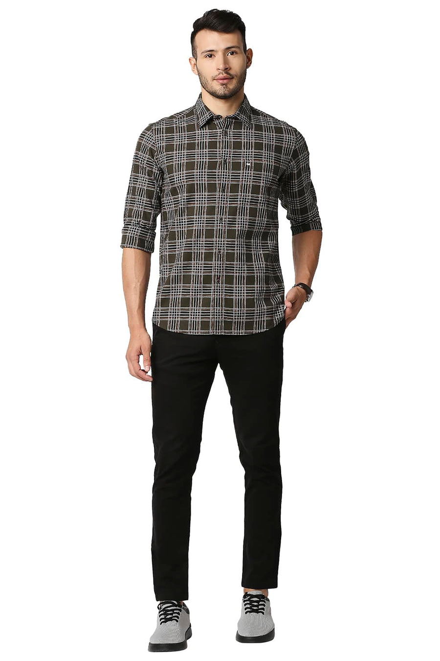 BASICS SLIM FIT RIFLE OLIVE TWILL CHECKS SHIRT