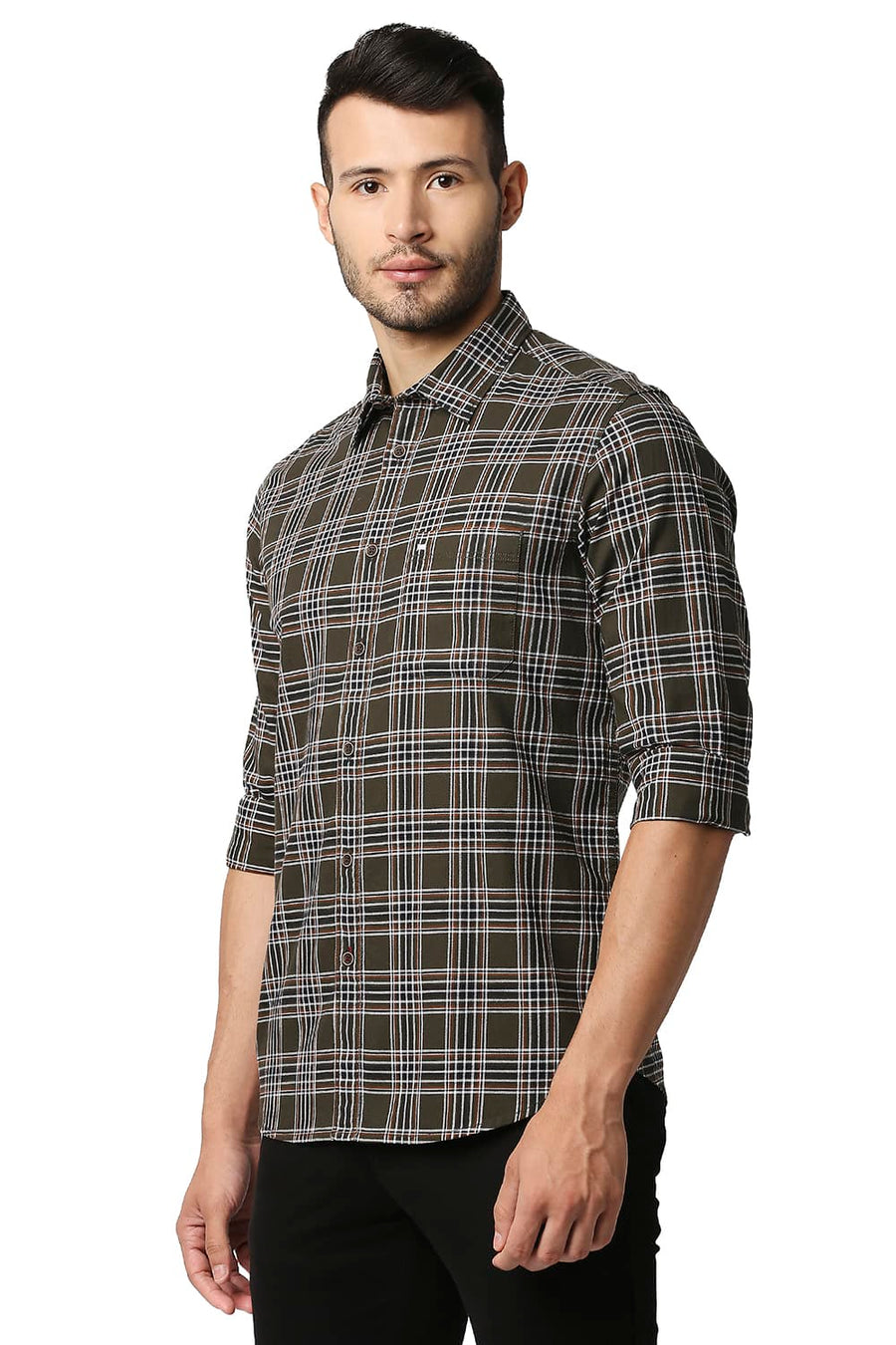 BASICS SLIM FIT RIFLE OLIVE TWILL CHECKS SHIRT