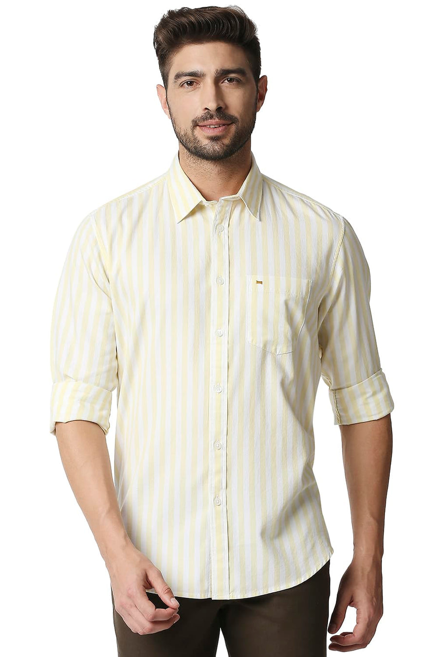 BASICS SLIM FIT ANISE YELLOW TWILL STRIPE SHIRT
