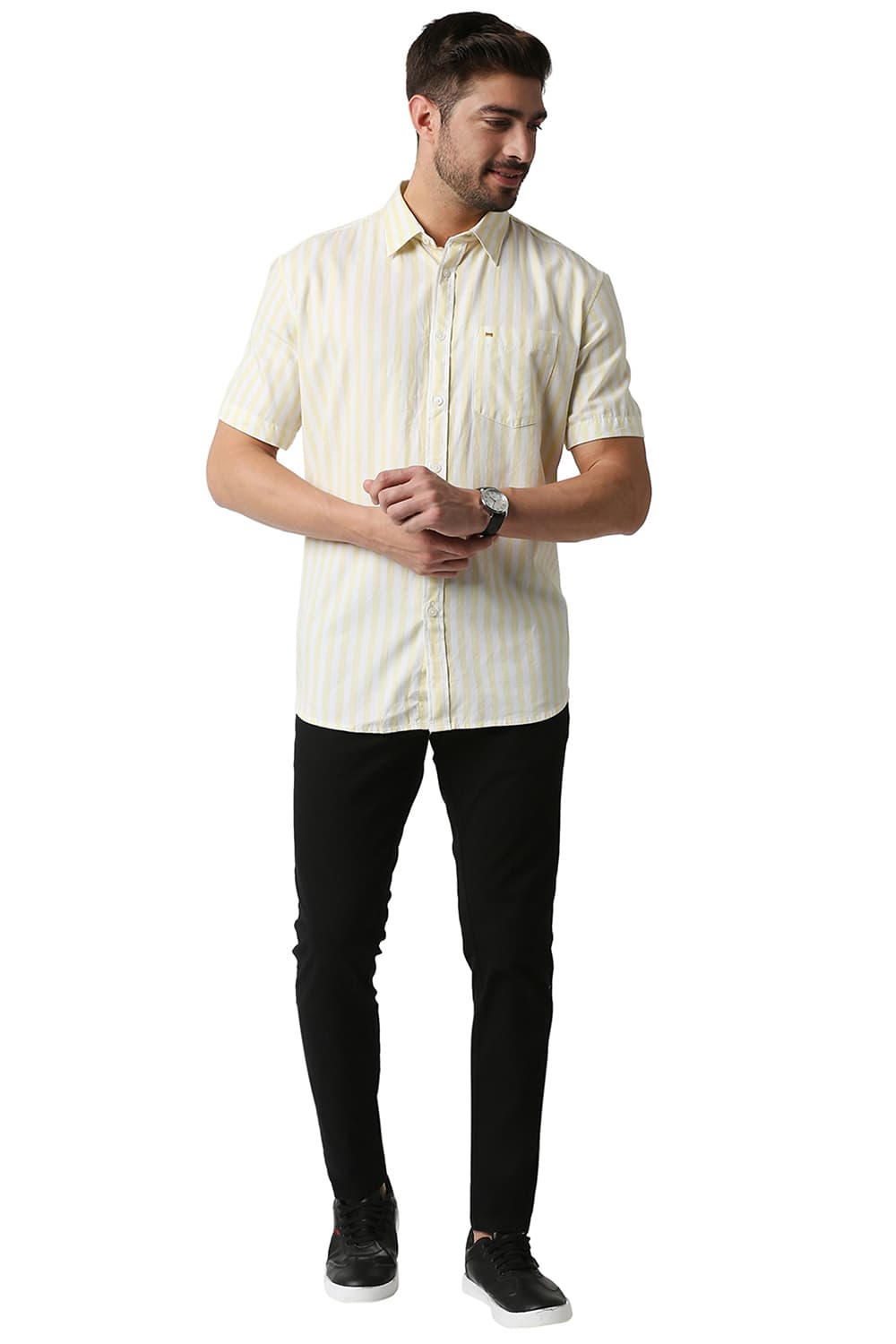 BASICS SLIM FIT TWILL STRIPE HALFSLEEVES SHIRT