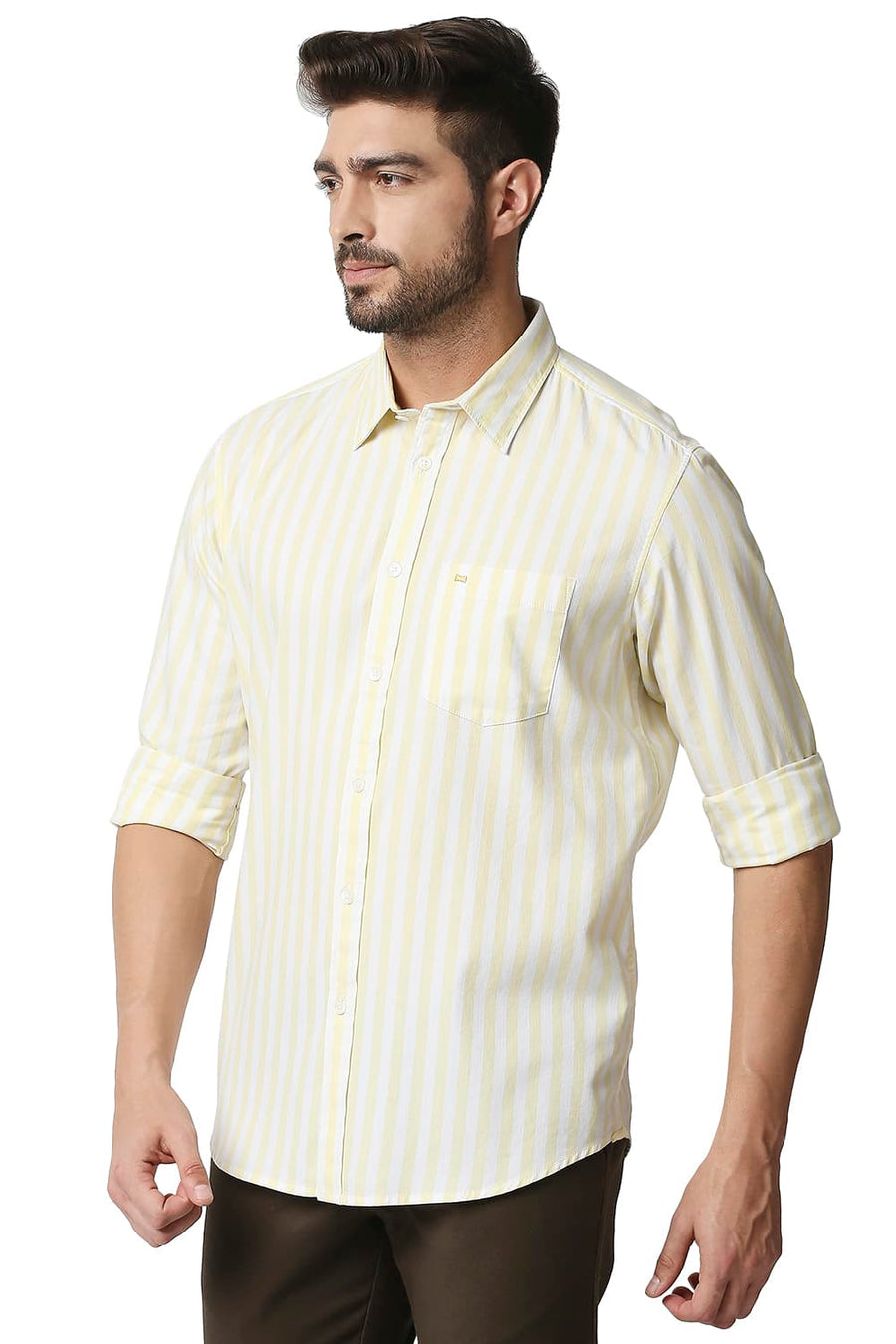 BASICS SLIM FIT ANISE YELLOW TWILL STRIPE SHIRT