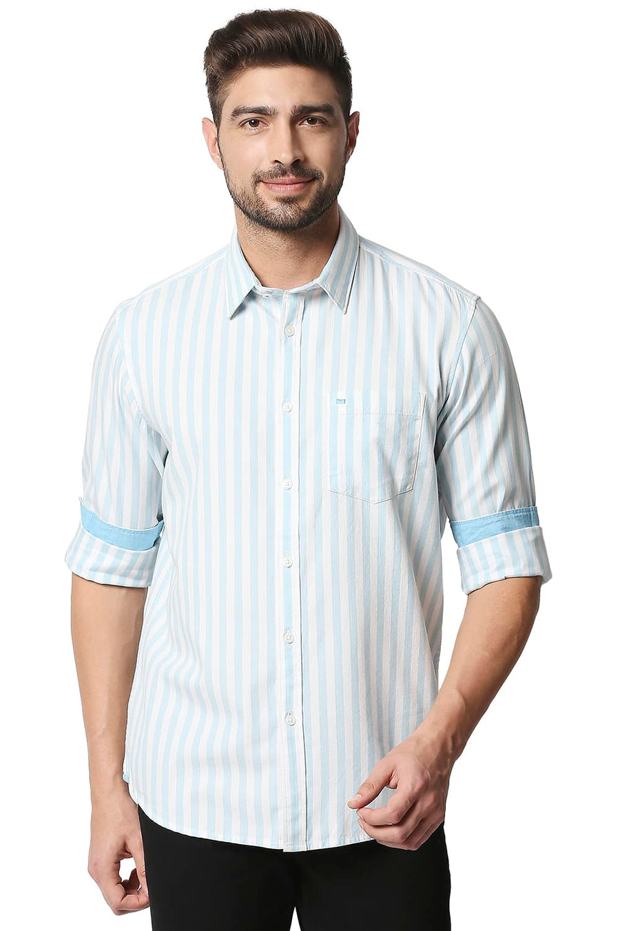 BASICS SLIM FIT CRYSTAL BLUE TWILL STRIPE SHIRT