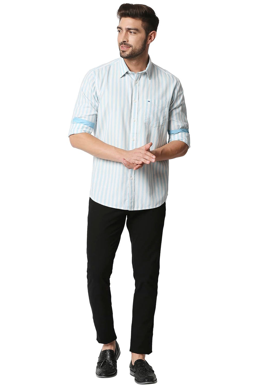 BASICS SLIM FIT CRYSTAL BLUE TWILL STRIPE SHIRT