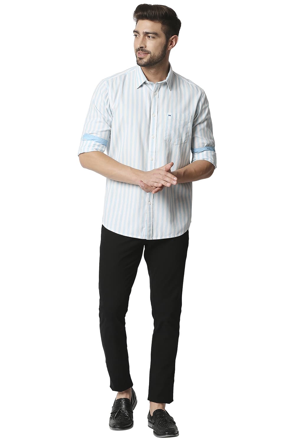 BASICS SLIM FIT TWILL STRIPE SHIRT