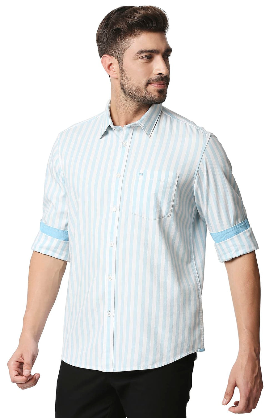 BASICS SLIM FIT CRYSTAL BLUE TWILL STRIPE SHIRT