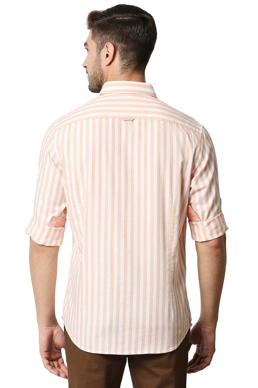 BASICS SLIM FIT ORANGE NECTAR TWILL STRIPE SHIRT