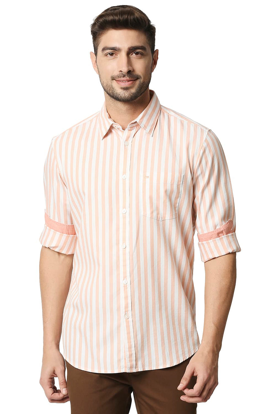 BASICS SLIM FIT ORANGE NECTAR TWILL STRIPE SHIRT
