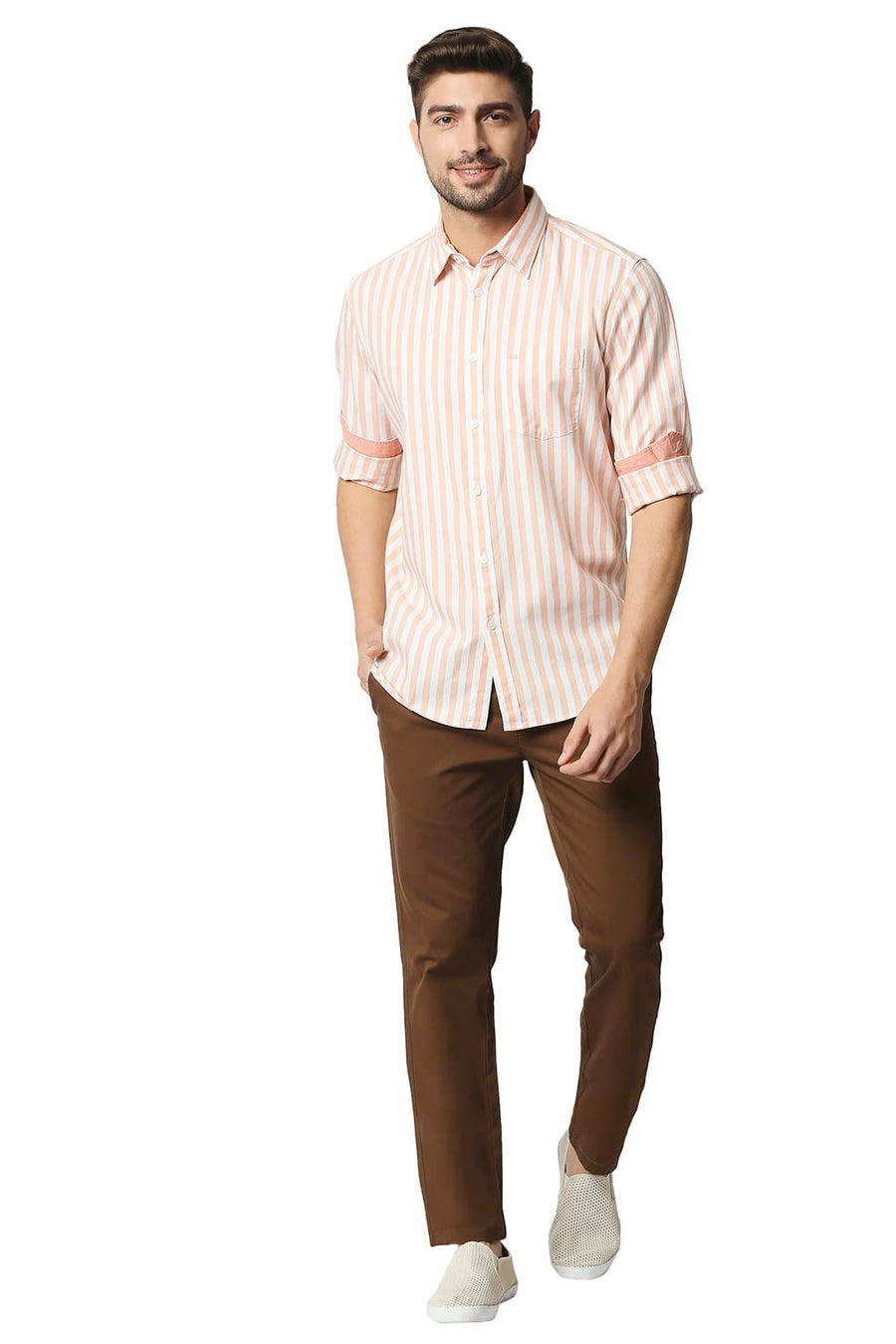 BASICS SLIM FIT ORANGE NECTAR TWILL STRIPE SHIRT