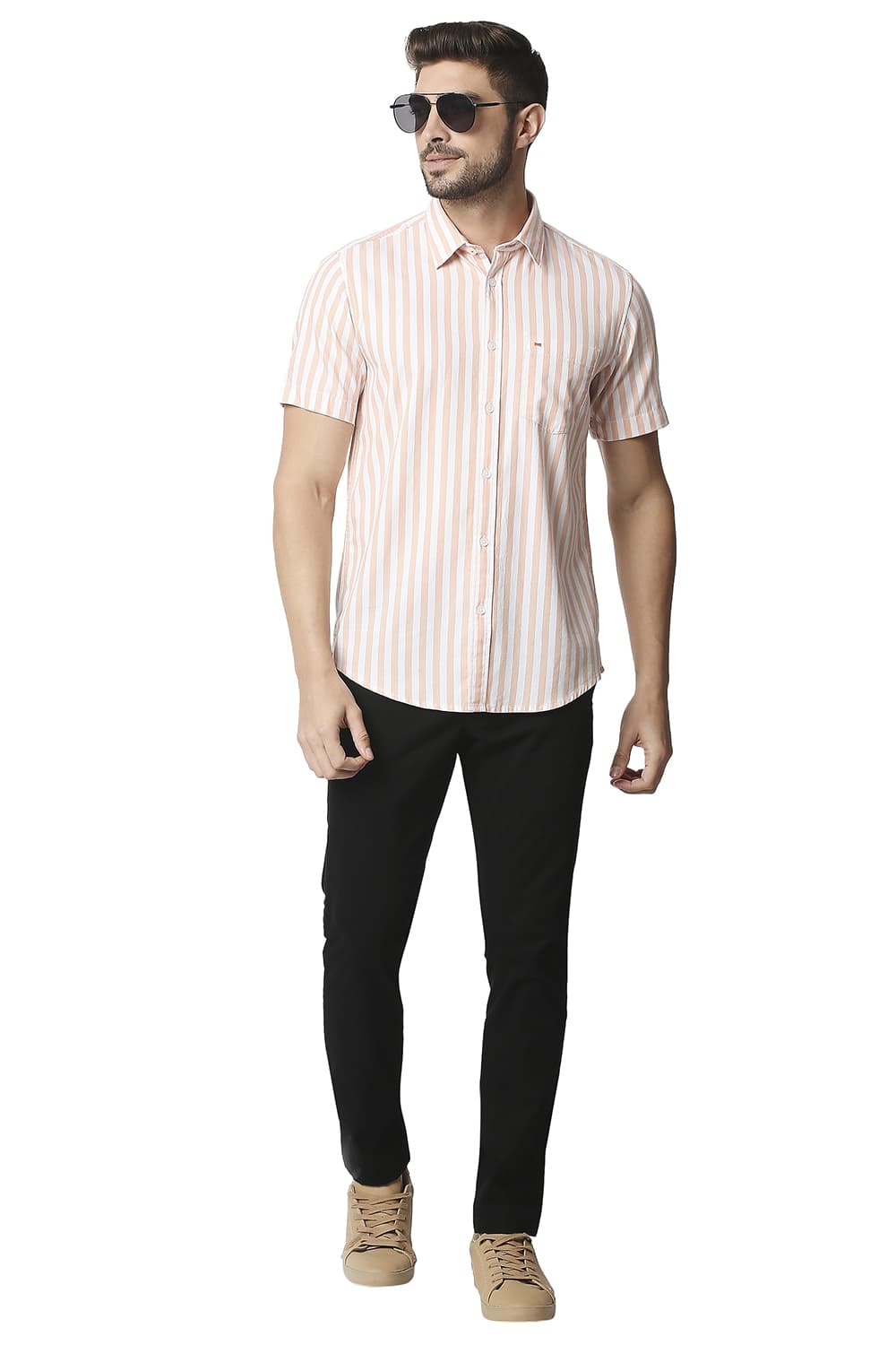 BASICS SLIM FIT TWILL STRIPE HALFSLEEVES SHIRT