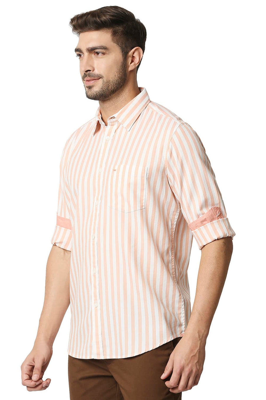 BASICS SLIM FIT ORANGE NECTAR TWILL STRIPE SHIRT