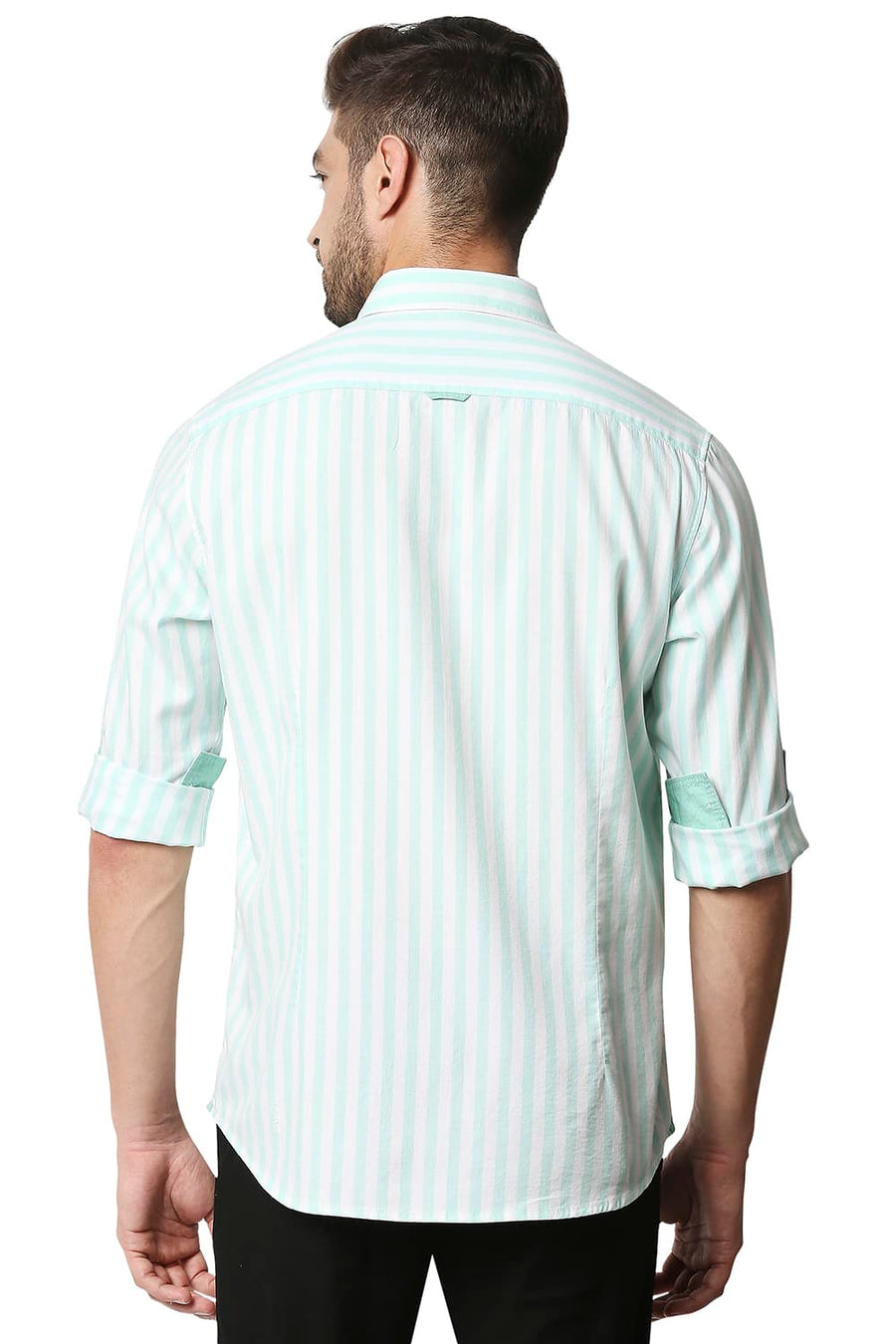 BASICS SLIM FIT BEACH GLASS GREEN TWILL STRIPE SHIRT