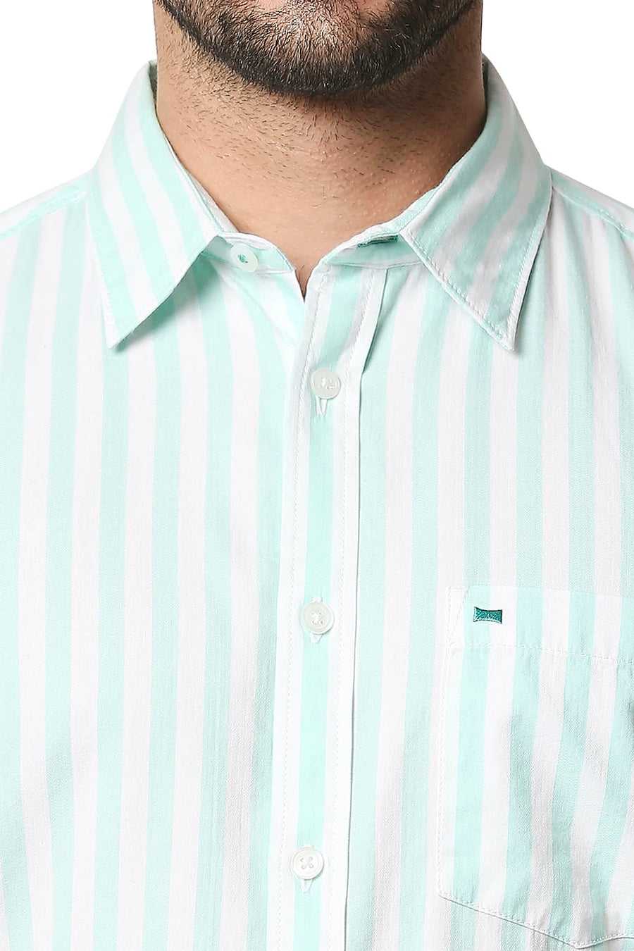 BASICS SLIM FIT BEACH GLASS GREEN TWILL STRIPE SHIRT