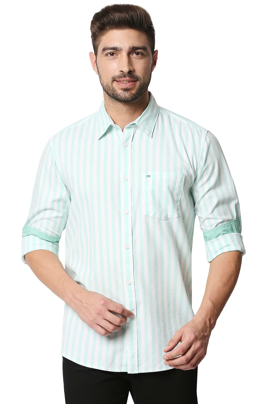 BASICS SLIM FIT BEACH GLASS GREEN TWILL STRIPE SHIRT