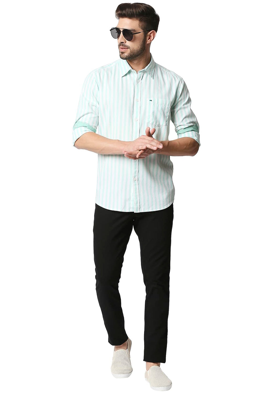 BASICS SLIM FIT BEACH GLASS GREEN TWILL STRIPE SHIRT